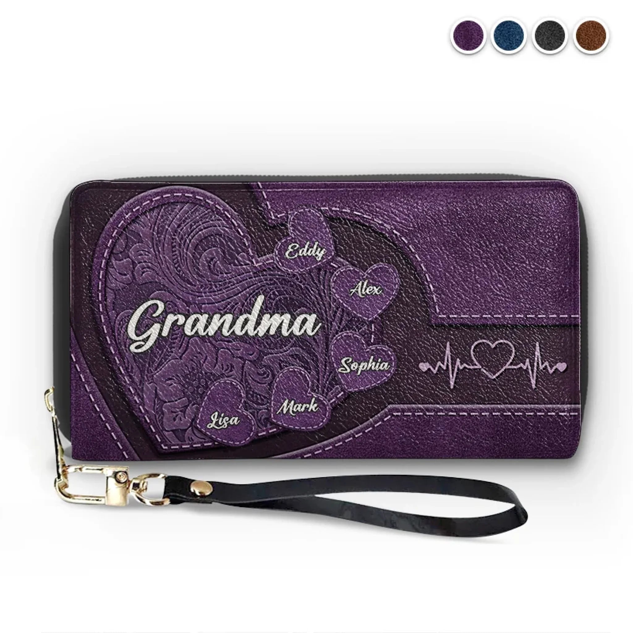 Hold My Hand, Hold My Heart - Family Personalized Custom Leather Long Wallet - Mother's Day, Gift For Mom, Grandma