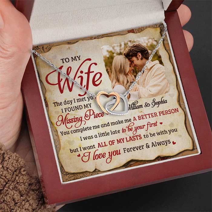 To My Wife, You're My Missing Piece - Upload Image, Gift For Couples - Personalized Interlocking Hearts Necklace
