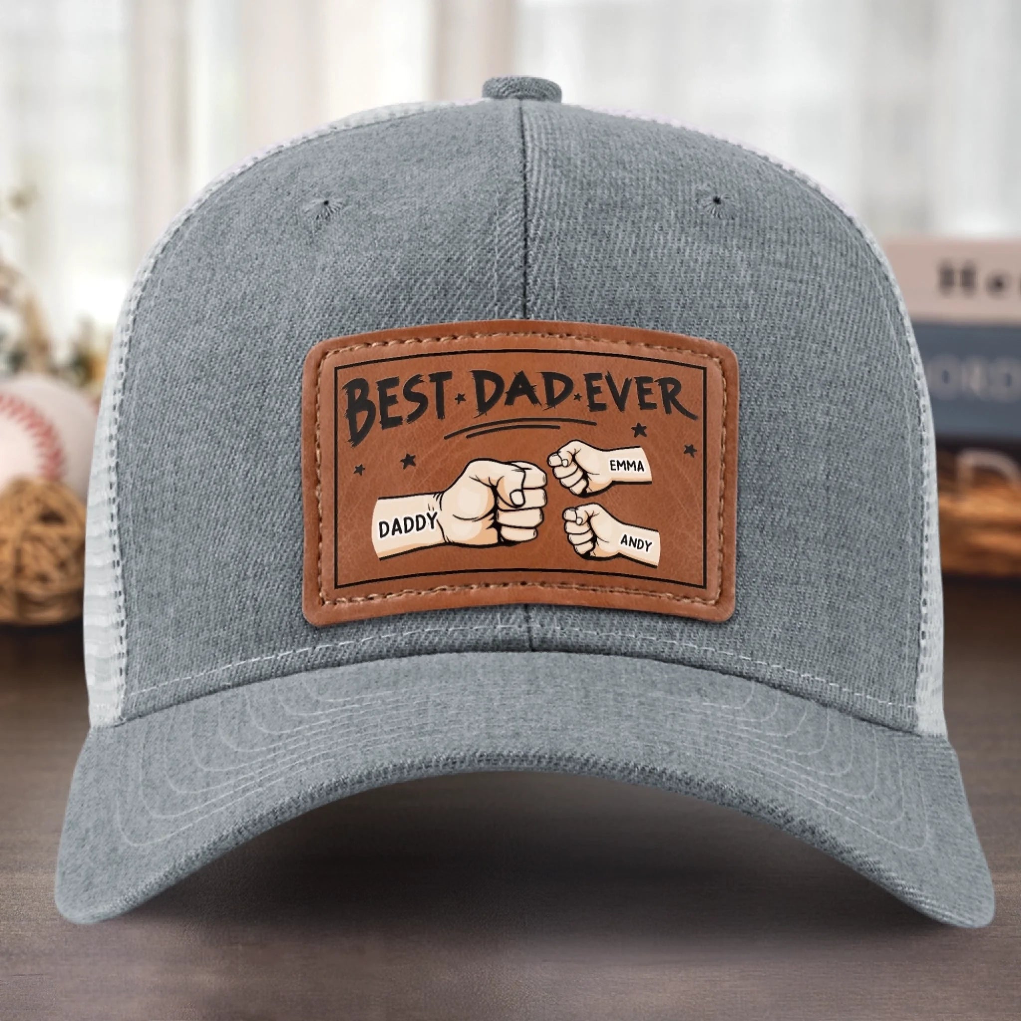 Best Papa Ever - Family Personalized Custom Leather Patch Hat - Gift For Dad, Grandpa