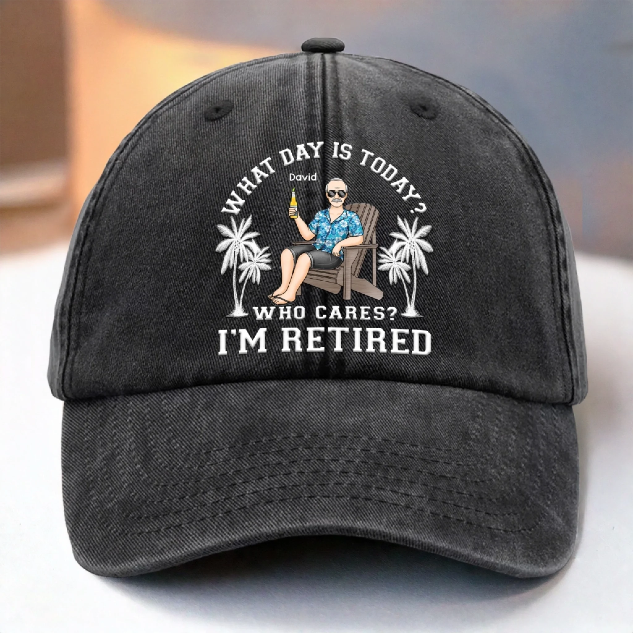Custom Vintage Washed Denim Baseball Cap - Personalized Retirement Gifts For Women, Men - Finally Living On Island Time