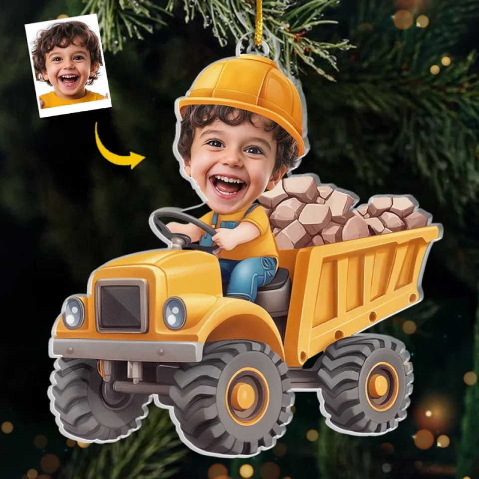 Custom Photo The Tiny, Professional Construction Truck Driver - Family Personalized Custom Ornament - Acrylic Custom Shaped - Christmas Gift For Kids