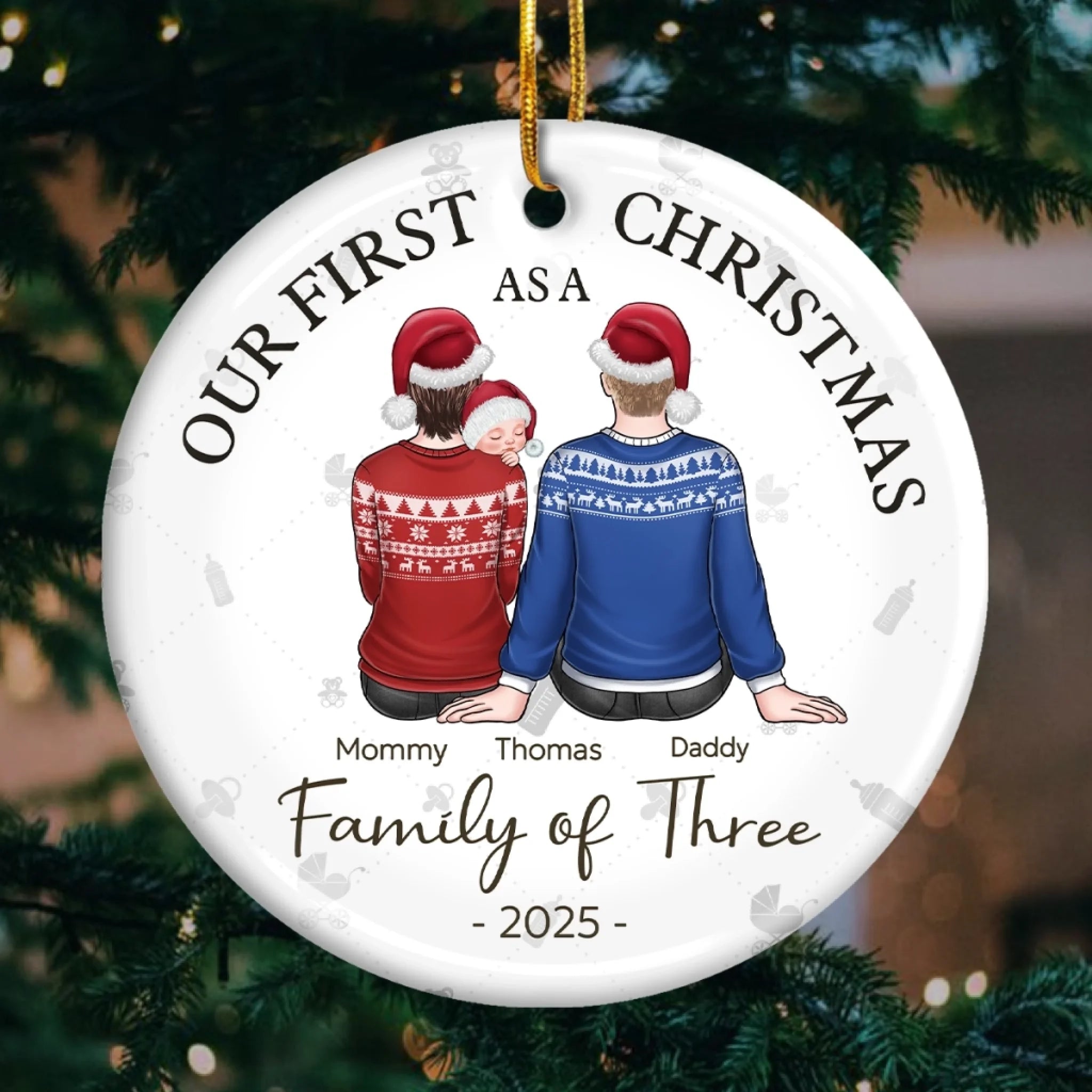 Our First Christmas As A Family - Family Personalized Custom Ornament - Ceramic Round Shaped - Christmas Gift For Family Members, Baby Kids, Newborn Baby, First Christmas