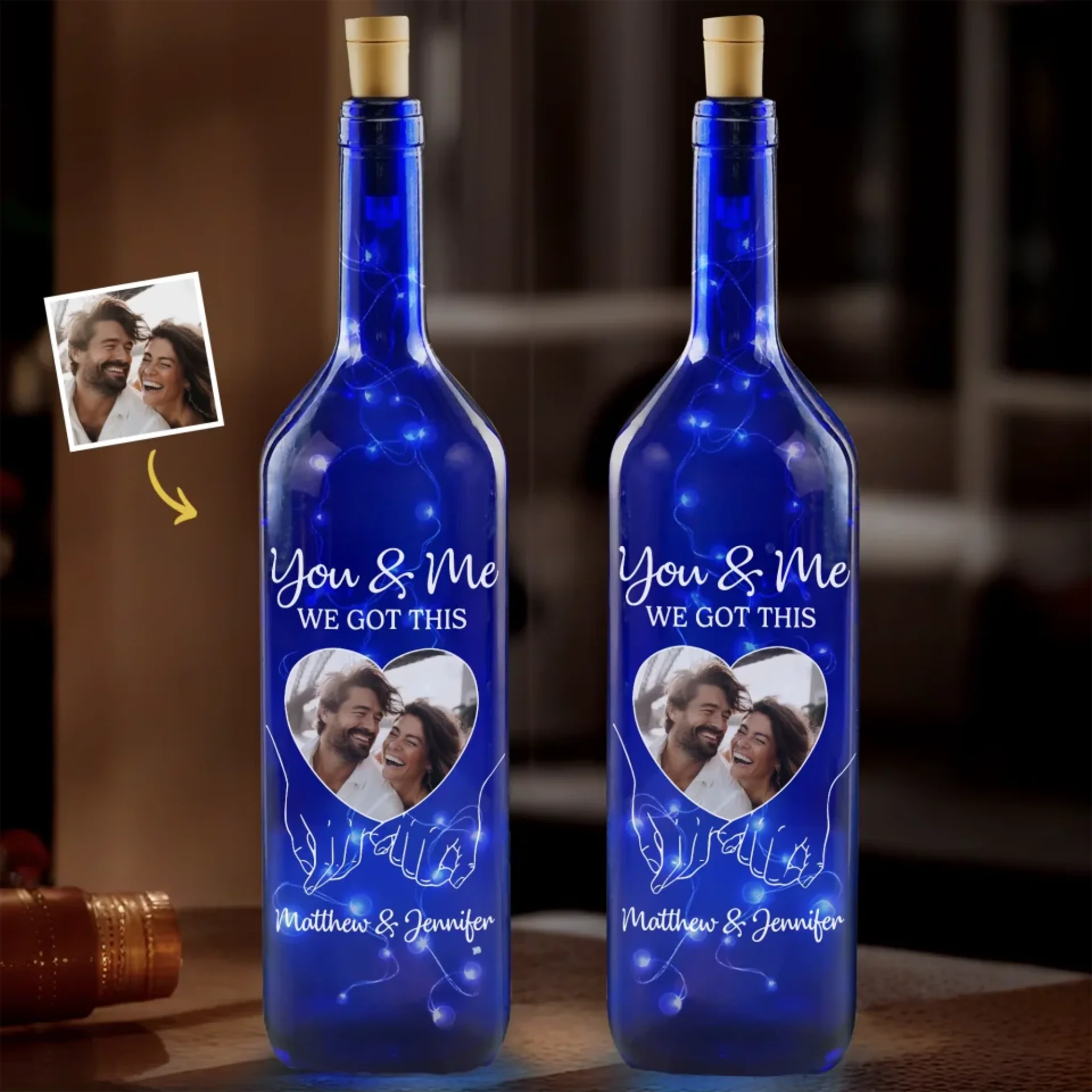 Custom Photo You & Me That’s The Magic - Couple Personalized Custom Blue Bottle Lamp - Gift For Husband Wife, Anniversary