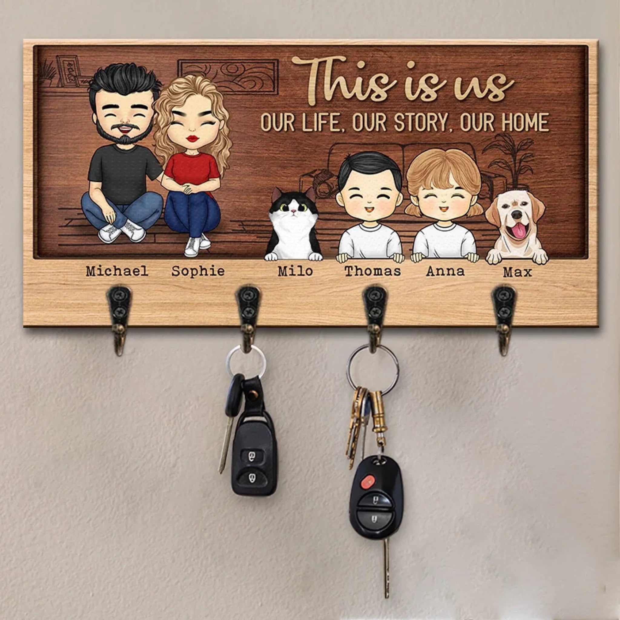 Love, Life & Family - Family Personalized Custom Home Decor Key Hanger, Key Holder - House Warming Gift For Family Members, Pet Owners, Pet Lovers