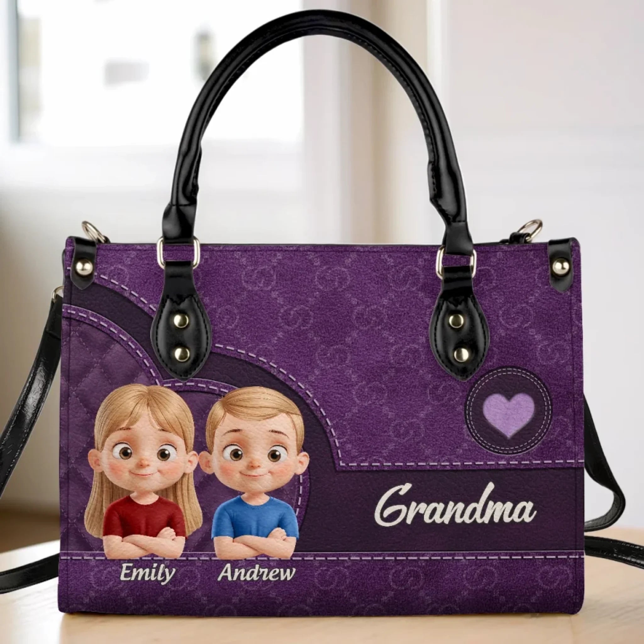 Love You, Grandma - Family Personalized Custom Leather Handbag - Mother's Day, Gift For Mom, Grandma