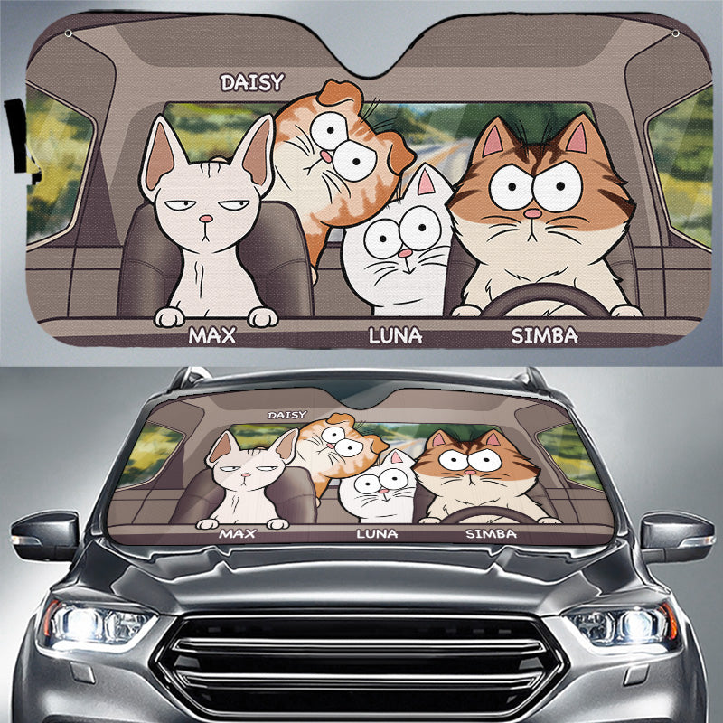 Custom Auto Windshield Sunshade Cover, Car Window Protector - Personalized Birthday Gifts For Dog Cat Lovers, Dog Dad And Mom, Cat Owners  - Cat's Trip