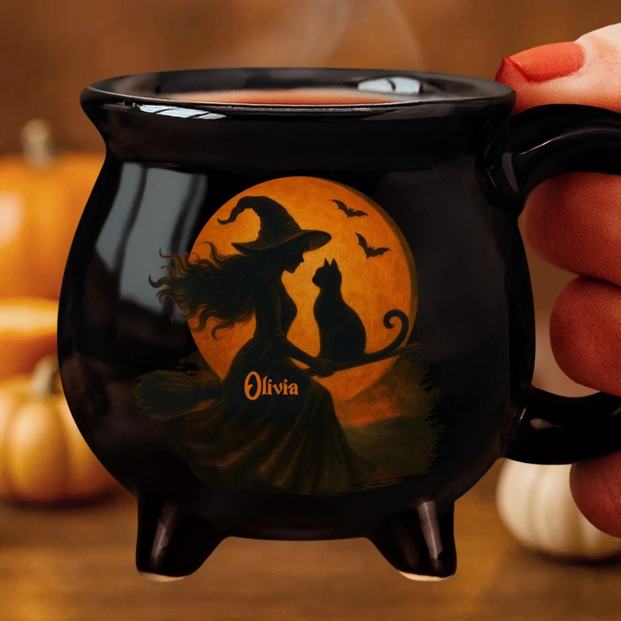 Custom 12oz Ceramic Cauldron Coffee Mug - Personalized Halloween Witchy Gifts For Besties, Sisters, BFF, Family, Yourself - Purrfectly Wicked