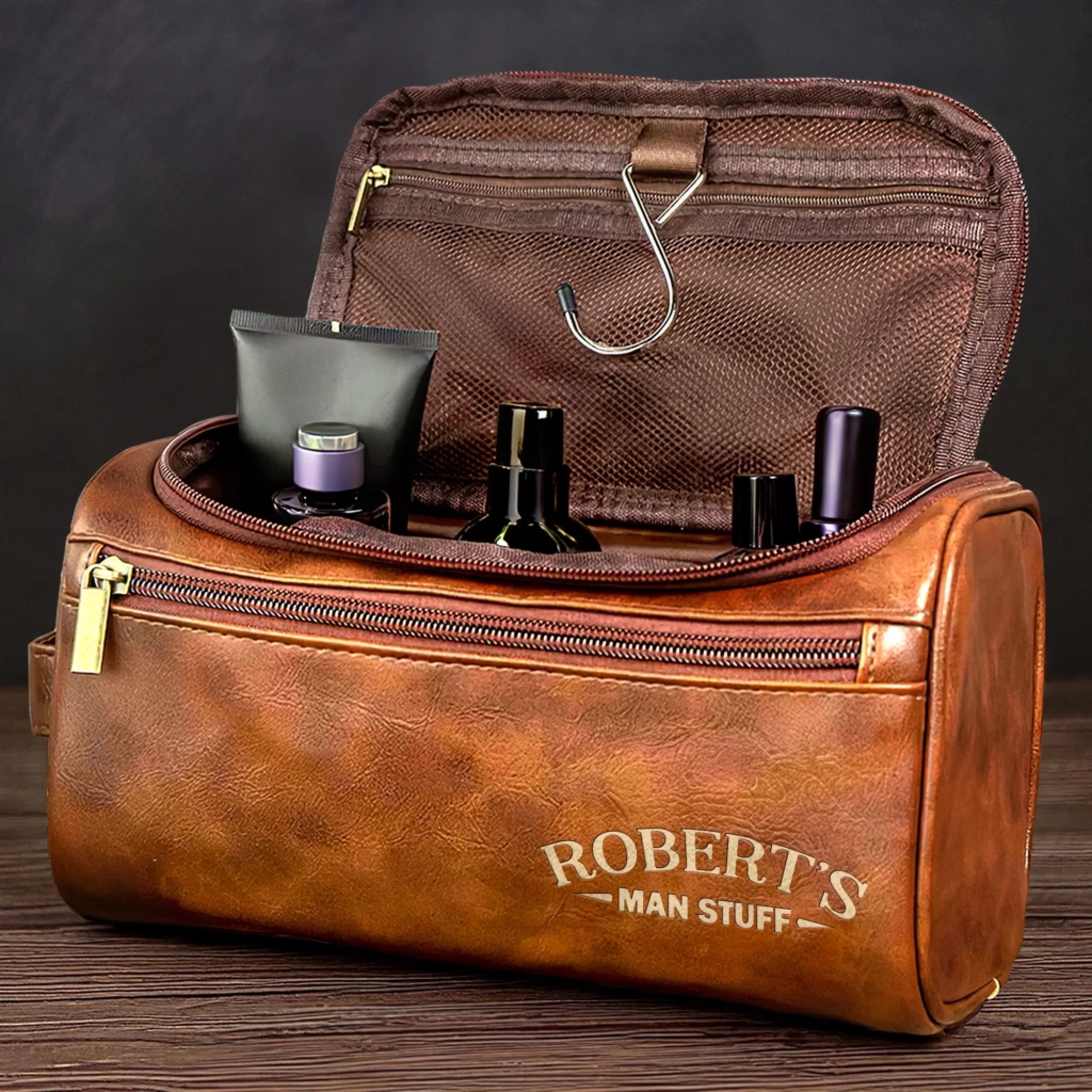 Custom Engraved Leather Toiletry Bag - Personalized  Christmas Birthday Gifts For Dad, Brother, Son, Husband, Groomsman, Best Friends - The Ultimate Man Kit