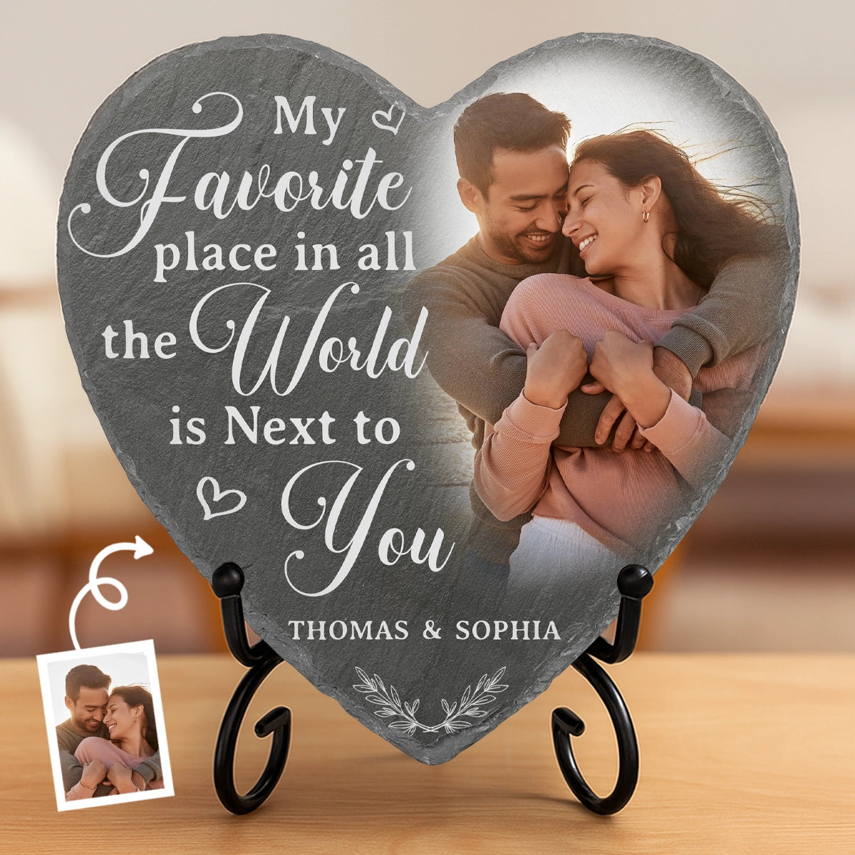 Custom Photo My Favorite Place In All The World Is Next To You - Couple Personalized Custom Heart Shaped Stone With Stand - Gift For Husband Wife, Anniversary