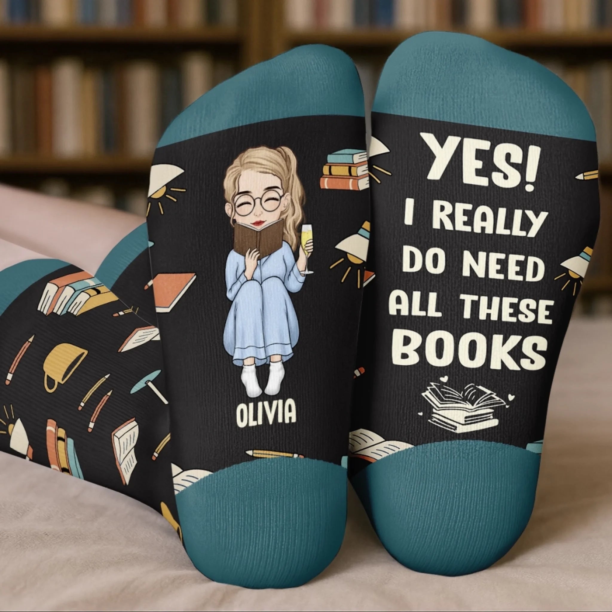 Custom Crew Socks - Personalized Bookish Gifts For Book Lovers, Bookworms, Readers - Tea, Books, Repeat