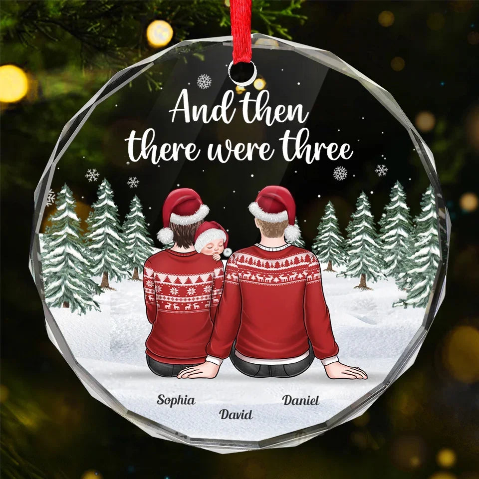 Our First Christmas As A Family Of Three - Family Personalized Custom Circle Glass Ornament - Christmas Gift For Family Members, Baby Kids, Newborn Baby, First Christmas