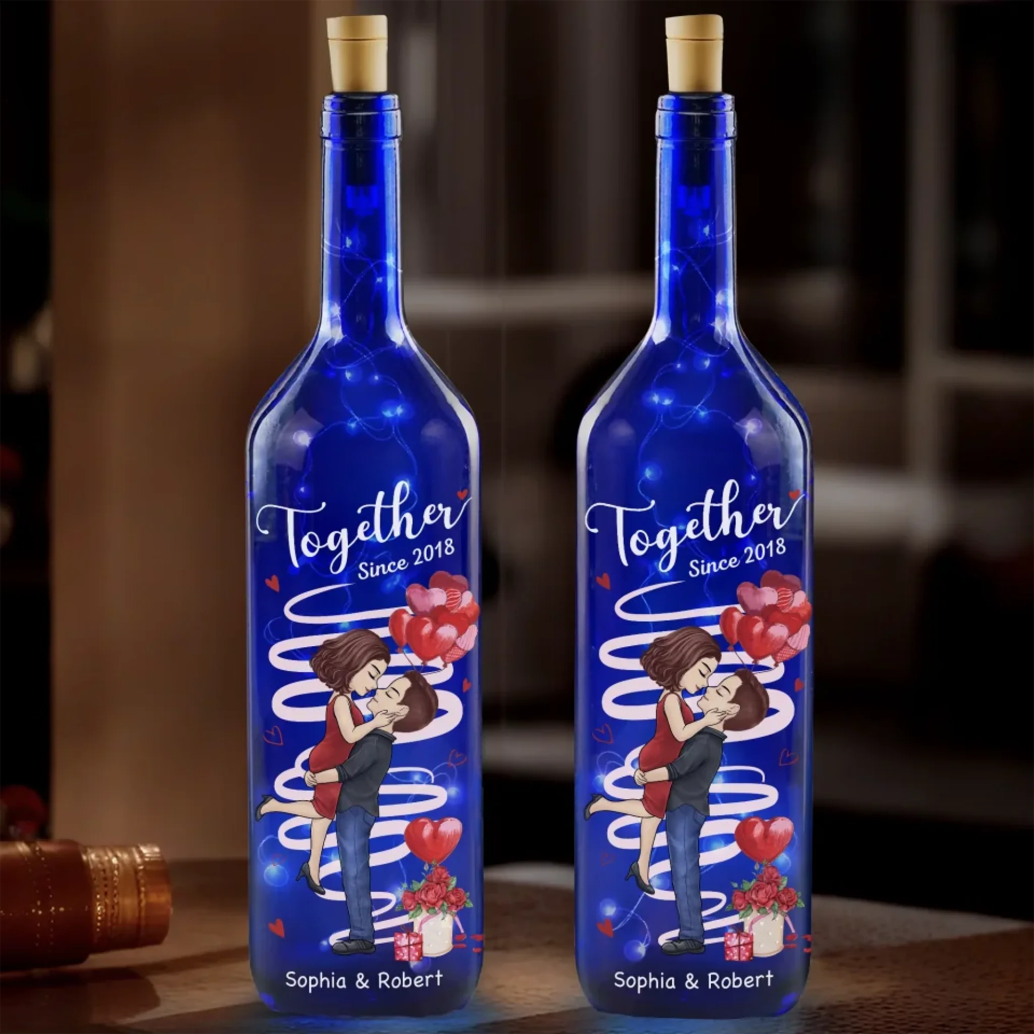 Hand In Hand, Heart To Heart, Forever Ours - Couple Personalized Custom Blue Bottle Lamp - Gift For Husband Wife, Anniversary