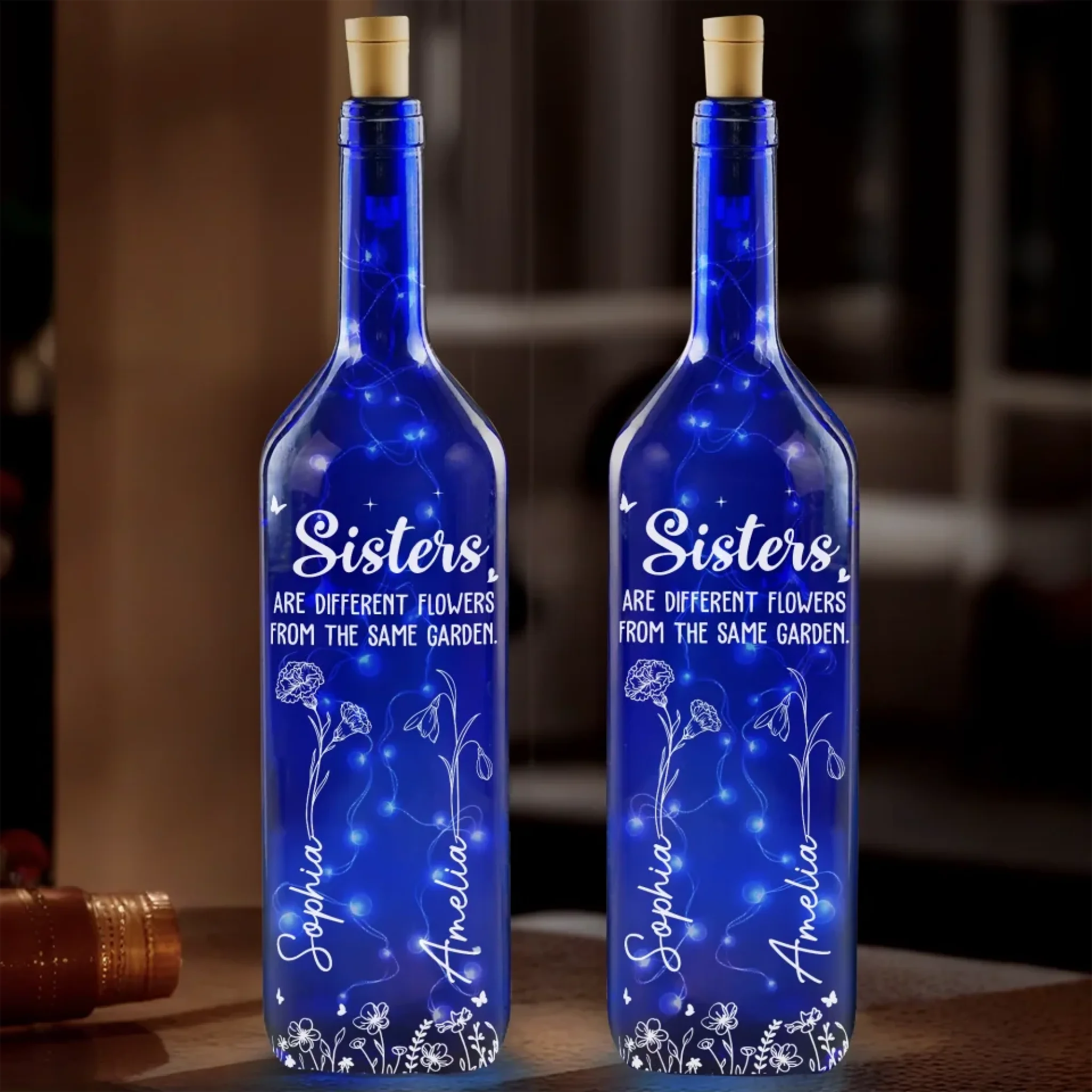 Sisters Are Different Flowers From The Same Garden - Bestie Personalized Custom Blue Bottle Lamp - Gift For Best Friends, BFF, Sisters