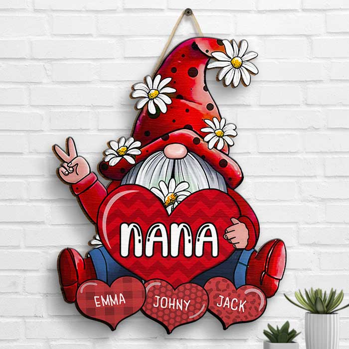 Gnomes With Hearts - Gift For Mom, Grandma - Personalized Shaped Wood Sign