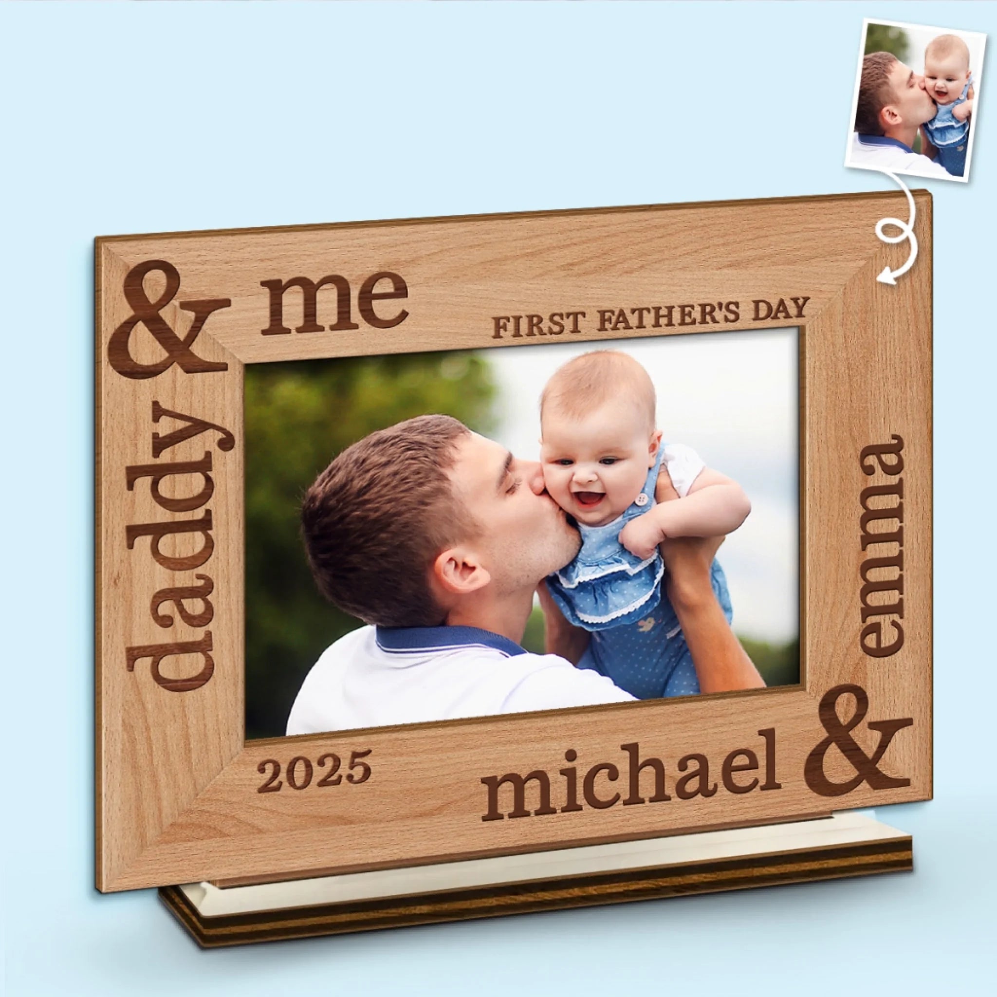 Custom Photo Our First Fathers Day Together - Family Personalized Custom Shaped 2-Layered Wooden Plaque With Flat Stand - Father's Day, Baby Shower Gift, Gift For First Dad, Baby Kids, Newborn Baby