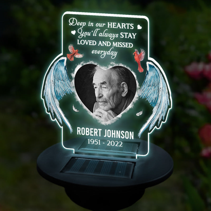 Custom Photo Deep In Our Hearts You'll Always Stay Loved And Missed Everyday - Memorial Personalized Custom Garden Solar Light - Sympathy Gift For Family Members