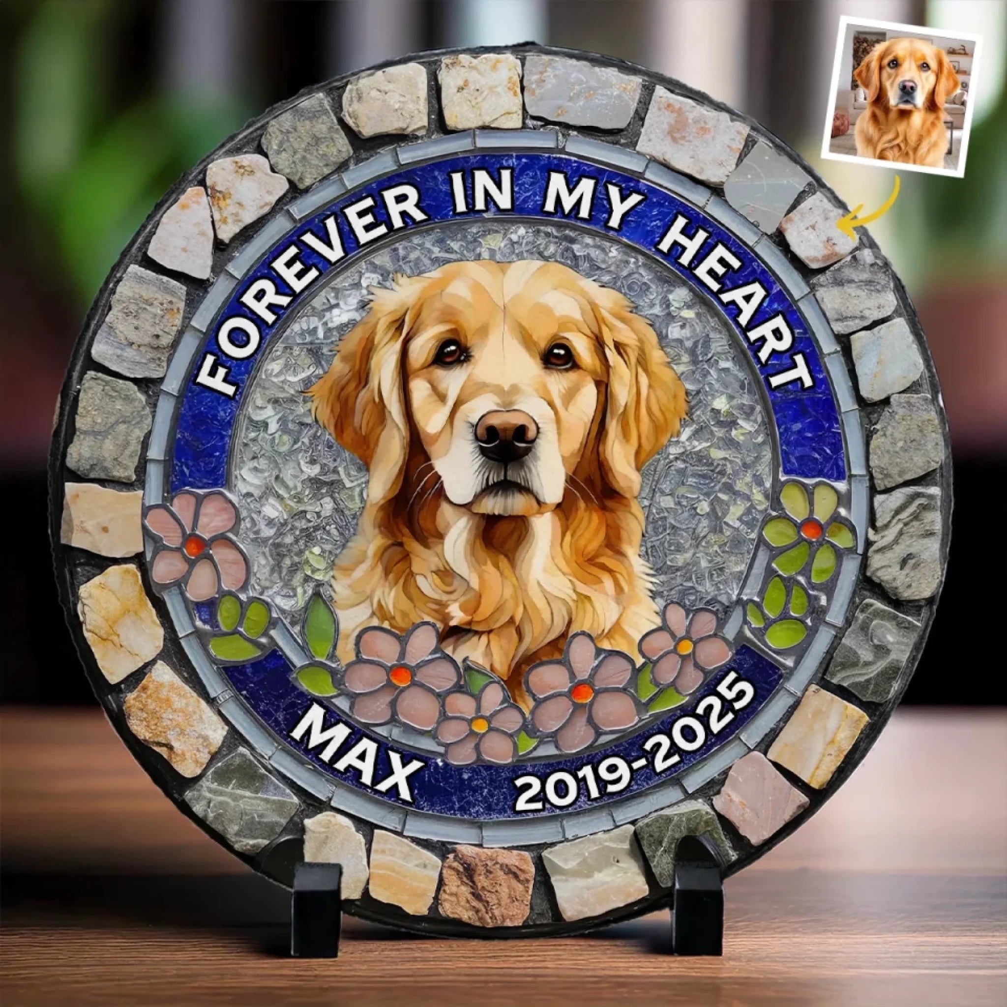 Custom Photo Forever Loved, Never Forgotten - Memorial Personalized Custom 3D Mosaic Faux Stained Glass Print Round Shaped Memorial Stone - Sympathy Gift For Pet Owners, Pet Lovers