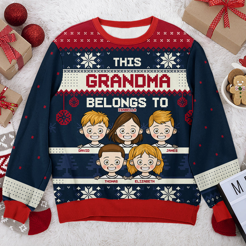 This Grandma Belongs To - Personalized Custom Unisex Ugly Christmas Sweatshirt, Wool Sweatshirt, All-Over-Print Sweatshirt -  Gift For Grandma, Grandparents, Christmas Gift