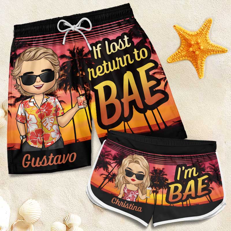 If Lost, Return To Your Bae - Funny Personalized Custom Tropical Hawaiian Aloha Couple Beach Shorts - Summer Vacation Gift, Birthday Party Gift For Husband Wife