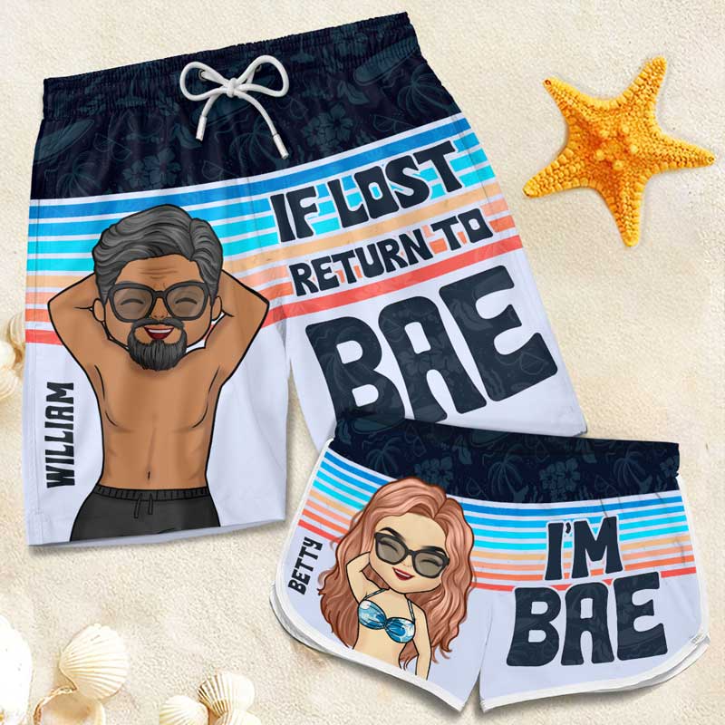If Lost Return To Bae - Funny Personalized Custom Tropical Hawaiian Aloha Couple Beach Shorts - Summer Vacation Gift, Birthday Party Gift For Husband Wife