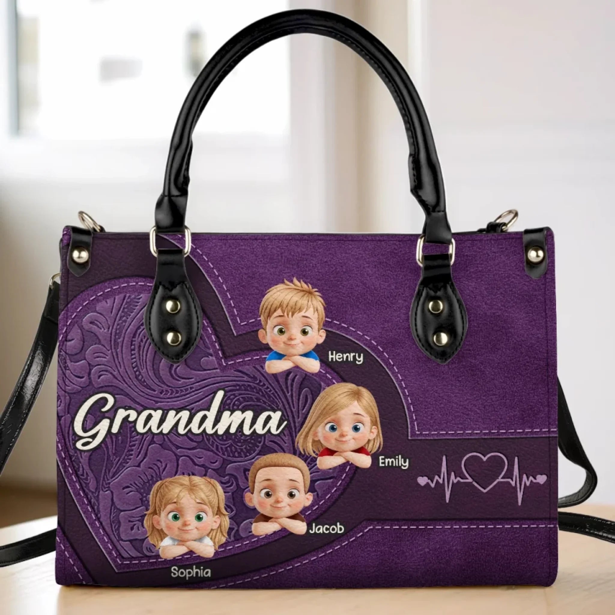 My Grandkids, My Joy - Family Personalized Custom Leather Handbag - Mother's Day, Gift For Mom, Grandma