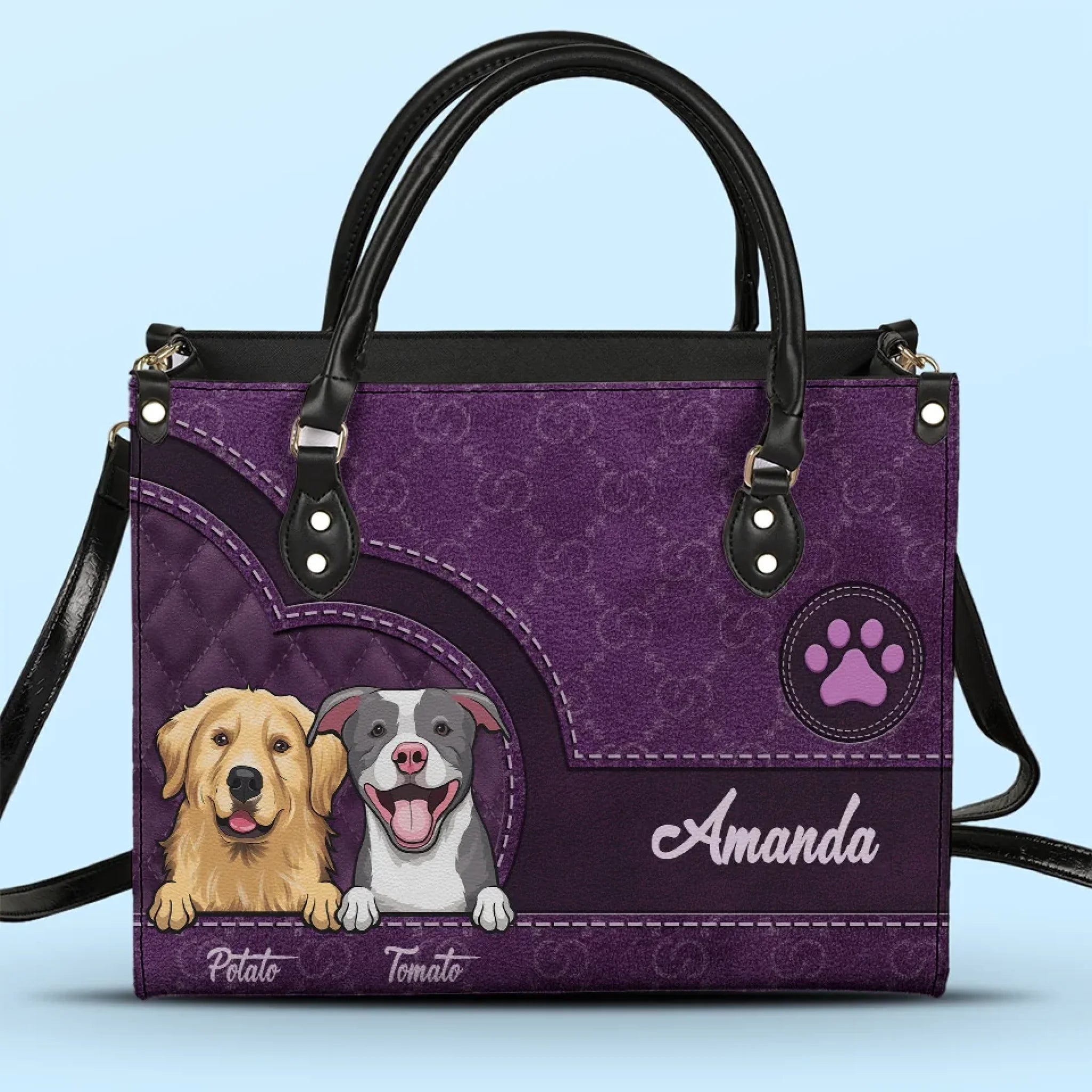 Paws And Hearts Unite - Dog & Cat Personalized Custom Leather Handbag - Gift For Pet Owners, Pet Lovers