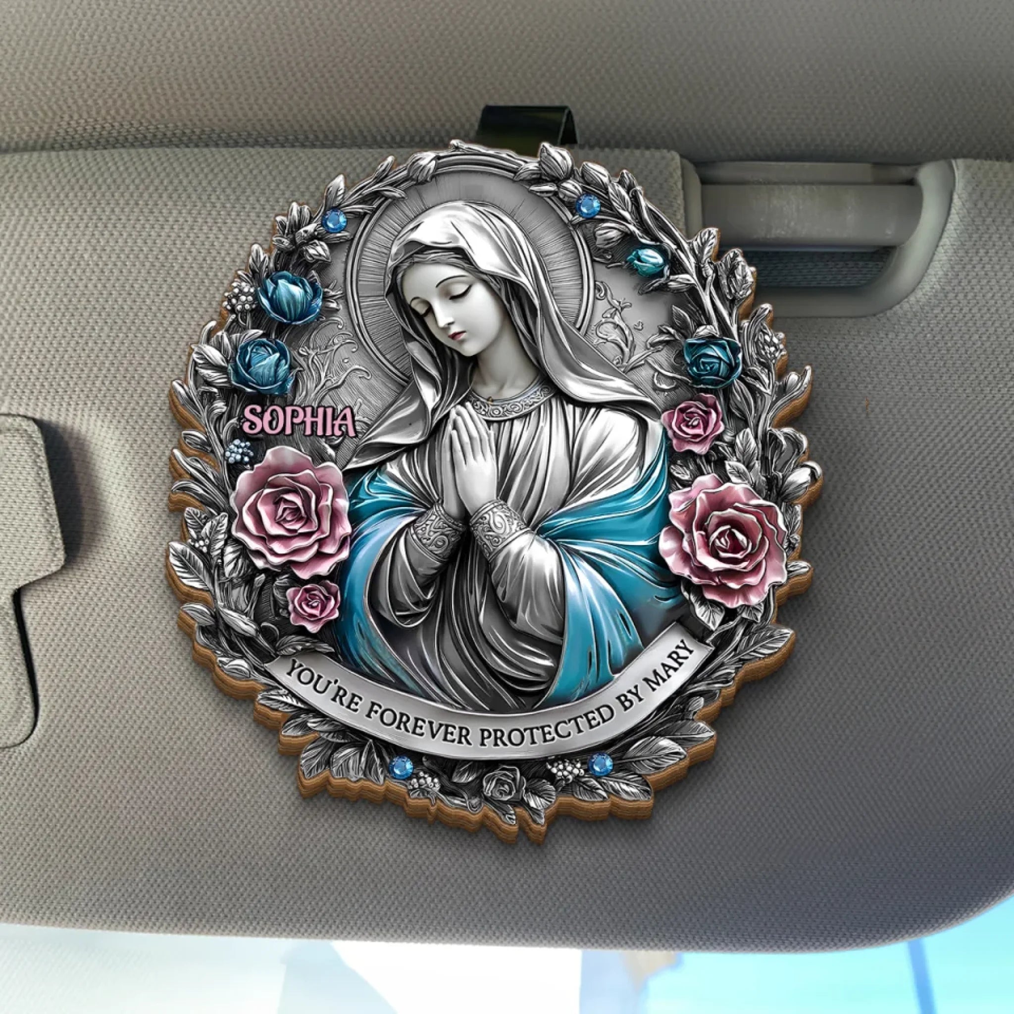 You're Forever Protected By Mary - Memorial Personalized Custom Car Visor Clip - Sympathy Gift For Family Members