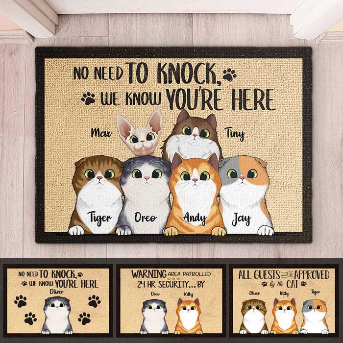 No Need To Knock We Know You're Here Peeking Cat - Funny Personalized Cat Decorative Mat
